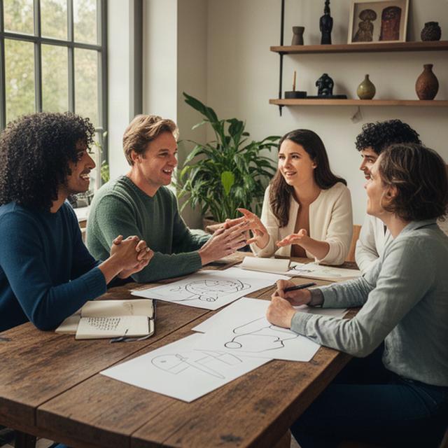 Team van een culturele stichting bespreekt een duurzaam meerjarenplan aan een houten tafel in Gelderland