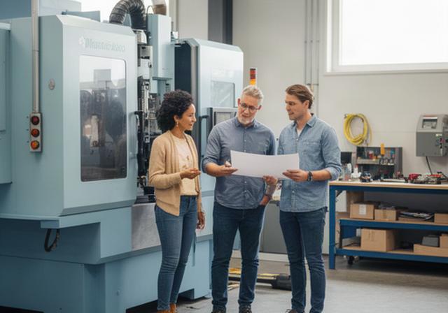 Productieteam bespreekt een groeiplanning naast een machine in een werkplaats in Gelderland