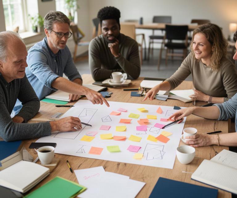 Ondernemers bespreken ideeën op een canvas met gekleurde notities aan een houten tafel in Lochem