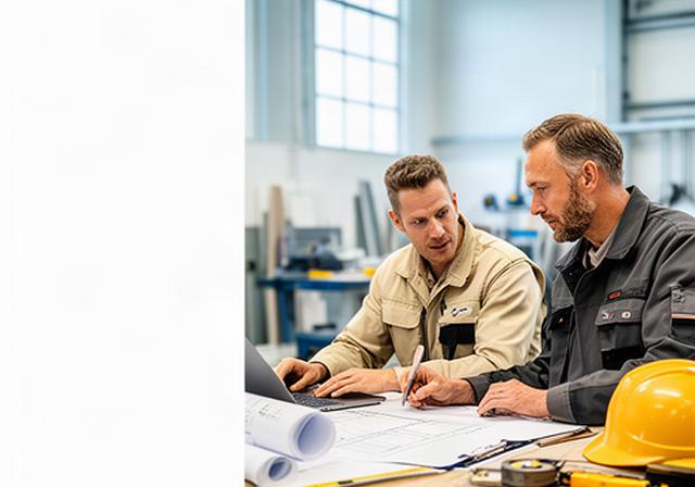 Werkvoorbereider en uitvoerder bespreken een bouwplanning aan een tafel in een technisch bedrijf