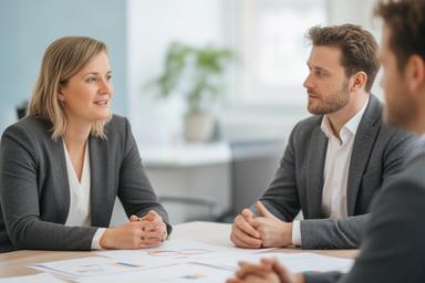 Geri Holthuis bespreekt commerciële cijfers met een ondernemer in een kantoor in Gelderland